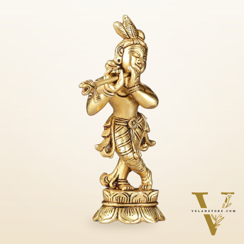 Superfine Brass Lord Krishna Idol Standing on Lotus Base - 7 inch