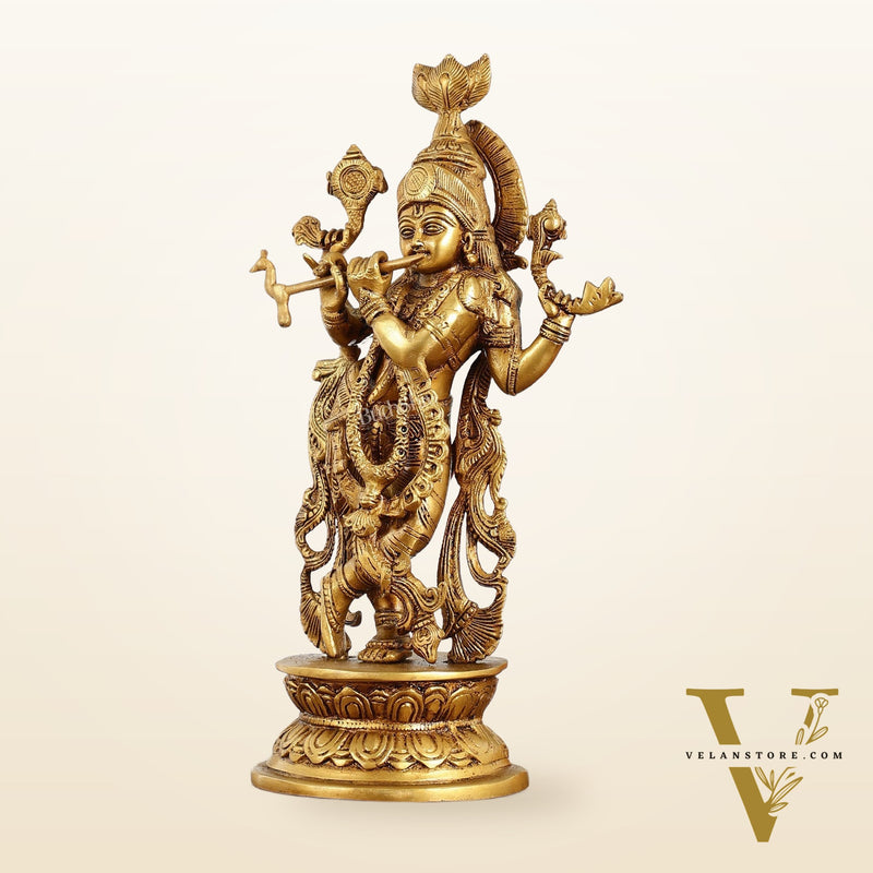 Superfine Brass Lord Krishna Idol with 4 Arms - 11.5 Inch