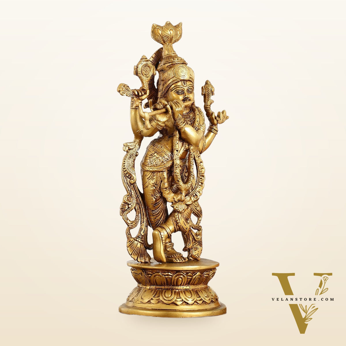 Superfine Brass Lord Krishna Idol with 4 Arms - 11.5 Inch