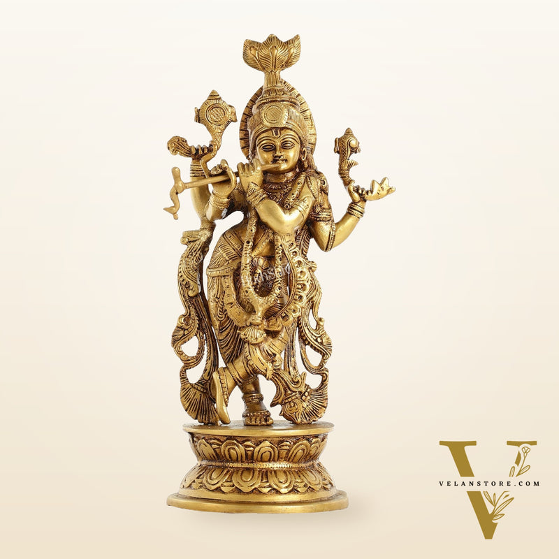 Superfine Brass Lord Krishna Idol with 4 Arms - 11.5 Inch