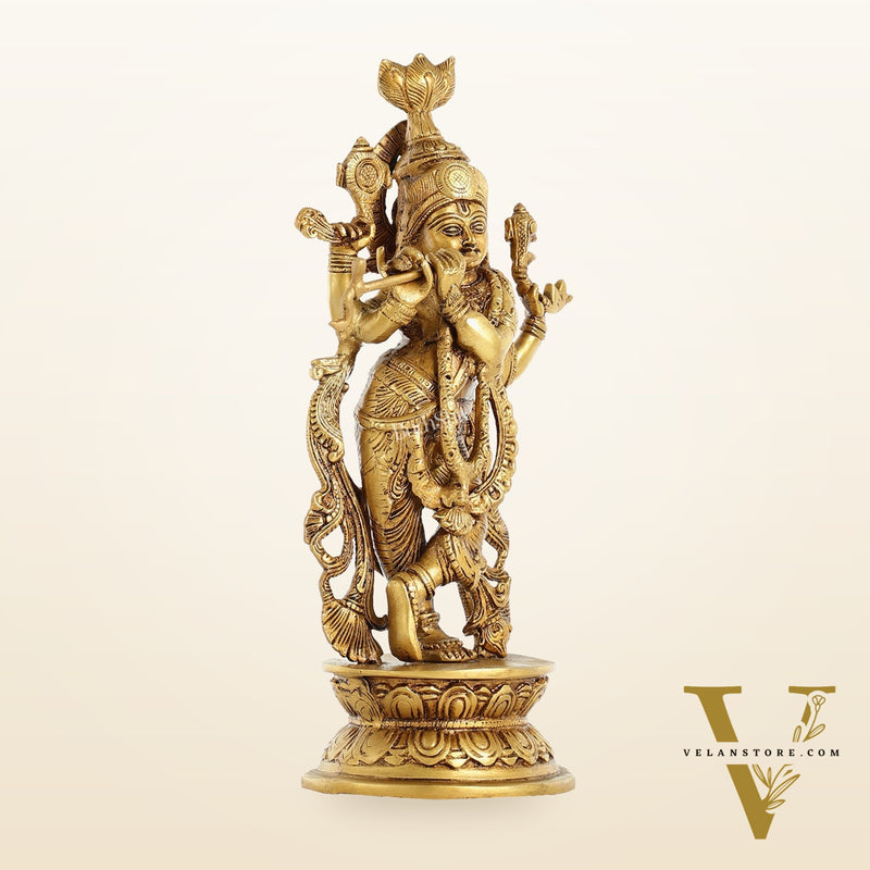 Superfine Brass Lord Krishna Idol with 4 Arms - 11.5 Inch