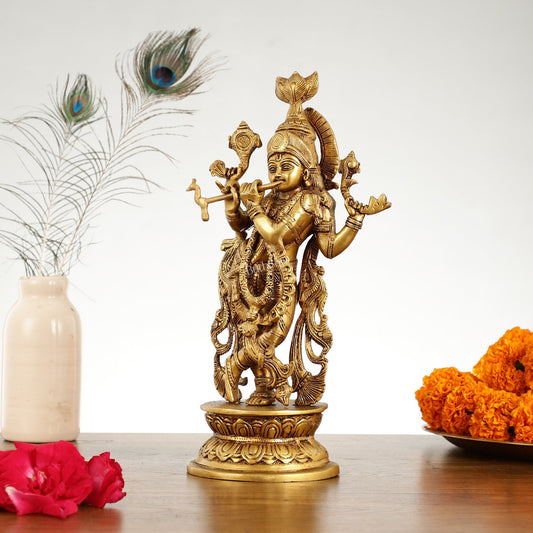 Superfine Brass Lord Krishna Idol with 4 Arms - 11.5 Inch