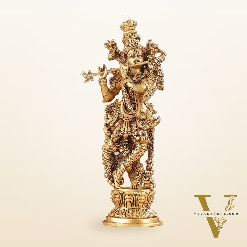 Superfine Brass Lord Krishna Idol with Enhanced Carvings - 14 inch
