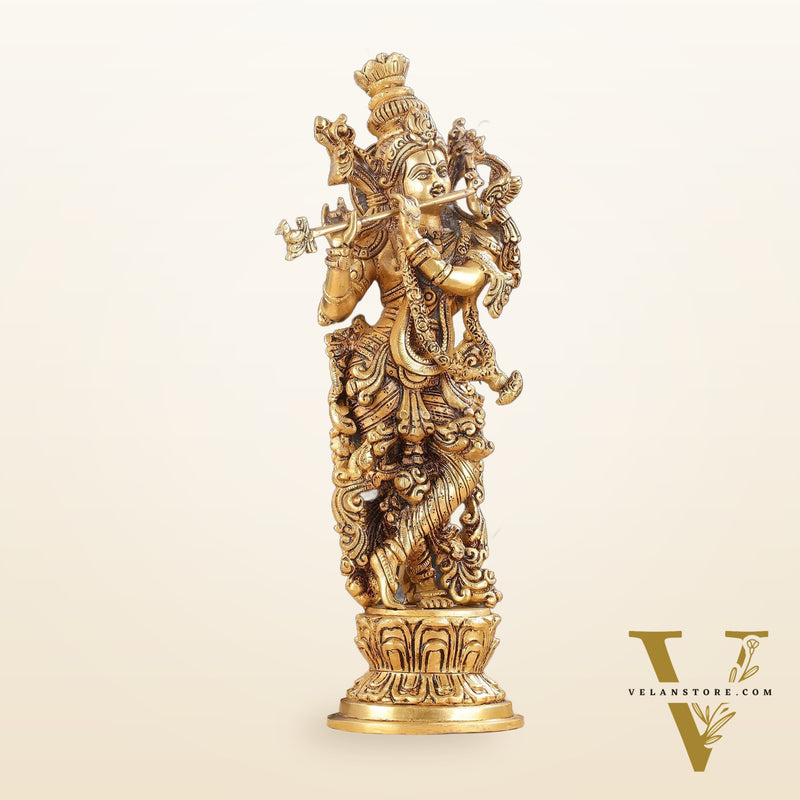 Superfine Brass Lord Krishna Idol with Enhanced Carvings - 14 inch