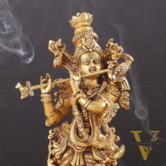 Superfine Brass Lord Krishna Idol with Enhanced Carvings - 14 inch