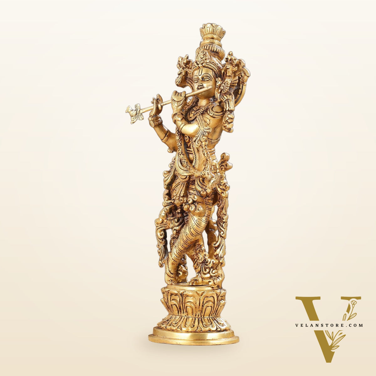 Superfine Brass Lord Krishna Idol with Enhanced Carvings - 14 inch