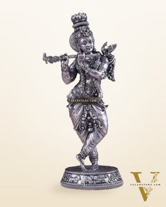 Superfine Brass Lord Krishna Intricate Idol 10" silver plated