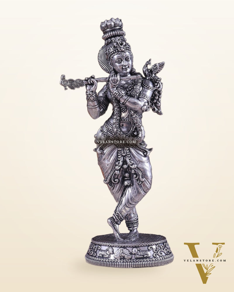 Superfine Brass Lord Krishna Intricate Idol 10" silver plated