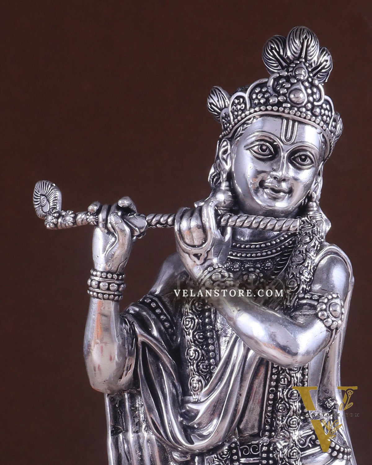 Superfine Brass Lord Krishna Intricate Idol 10" silver plated