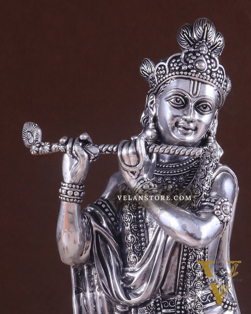 Superfine Brass Lord Krishna Intricate Idol 10" silver plated