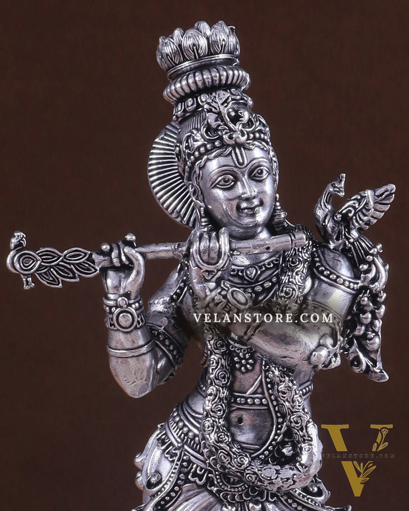 Superfine Brass Lord Krishna Intricate Idol 10" silver plated
