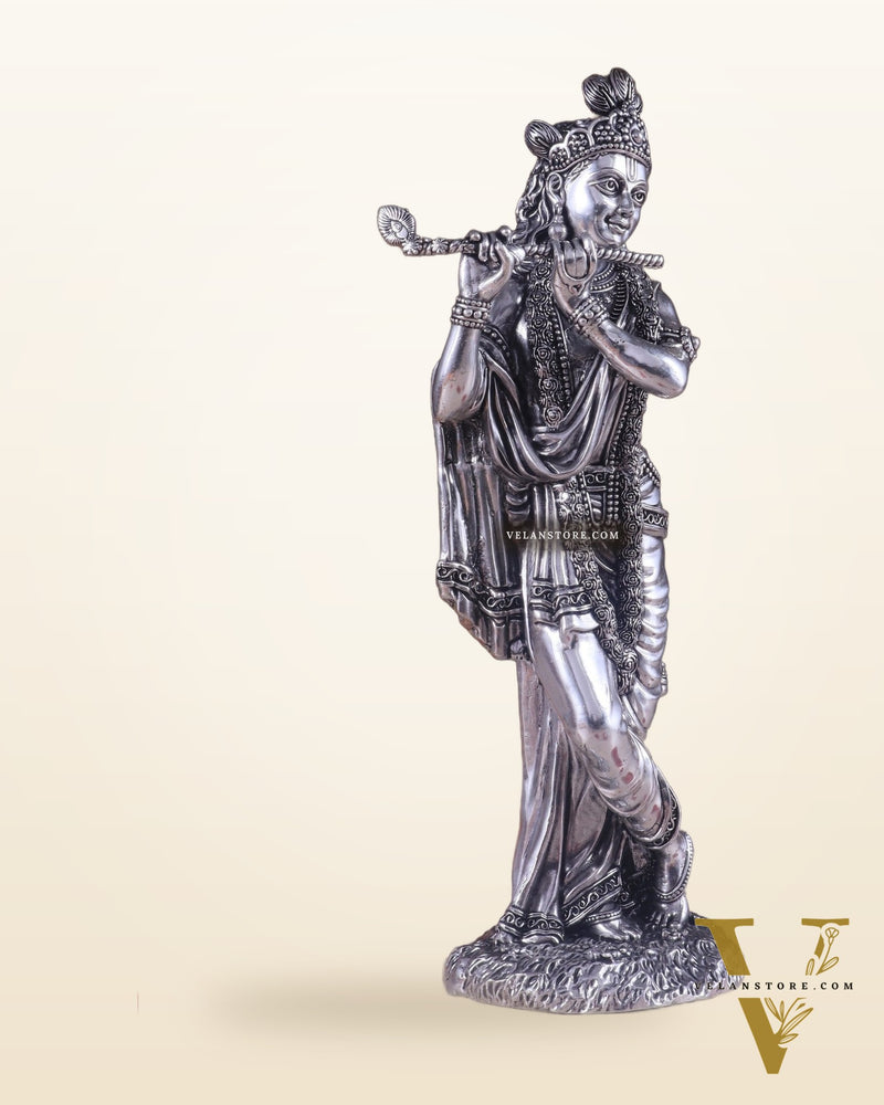 Superfine Brass Lord Krishna Intricate Idol 10" silver plated