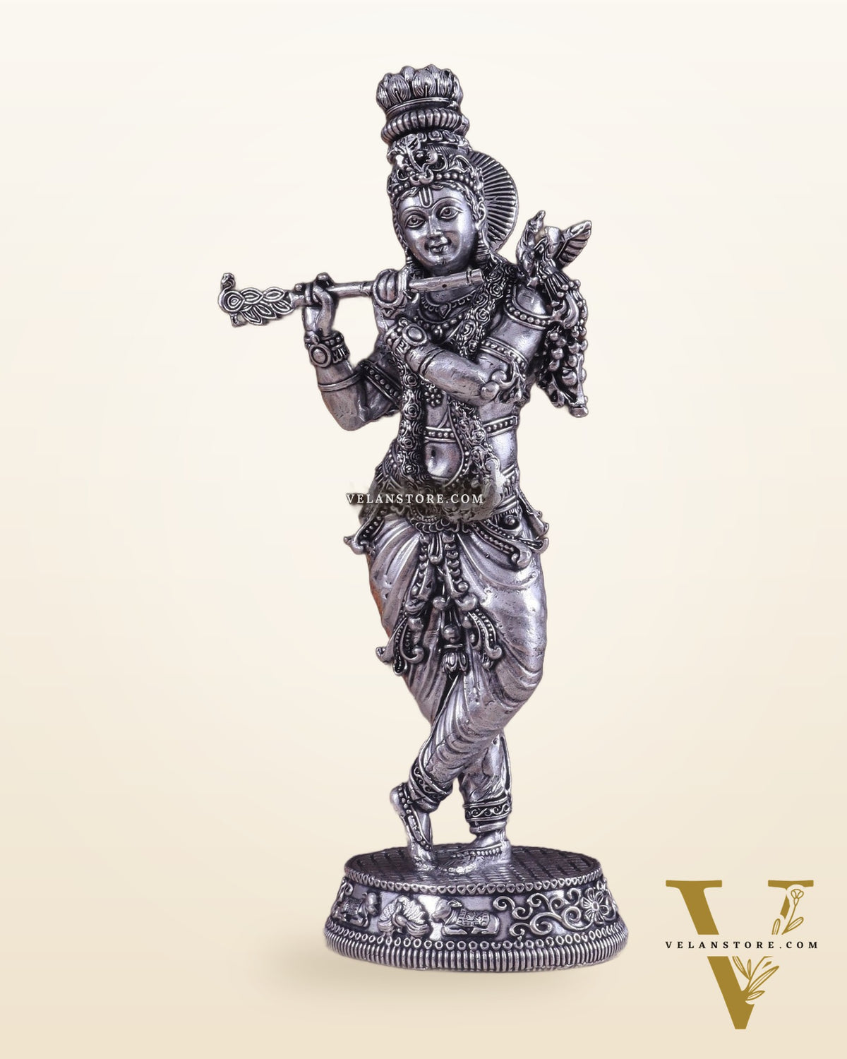 Superfine Brass Lord Krishna Intricate Idol 10" silver plated