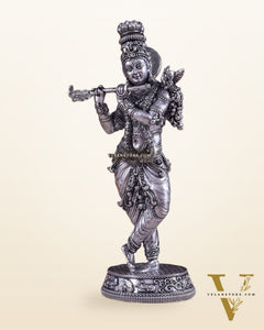 Superfine Brass Lord Krishna Intricate Idol 10" silver plated