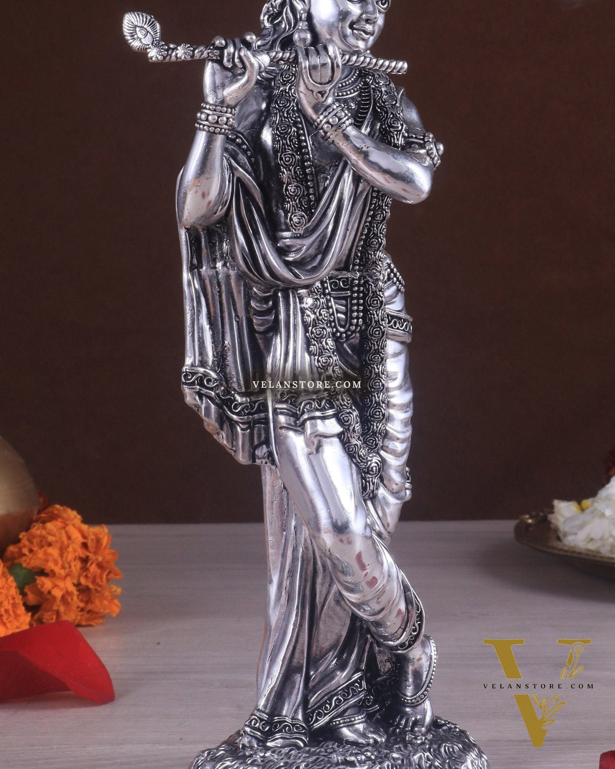 Superfine Brass Lord Krishna Intricate Idol 10" silver plated