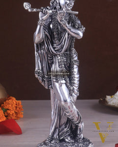 Superfine Brass Lord Krishna Intricate Idol 10" silver plated