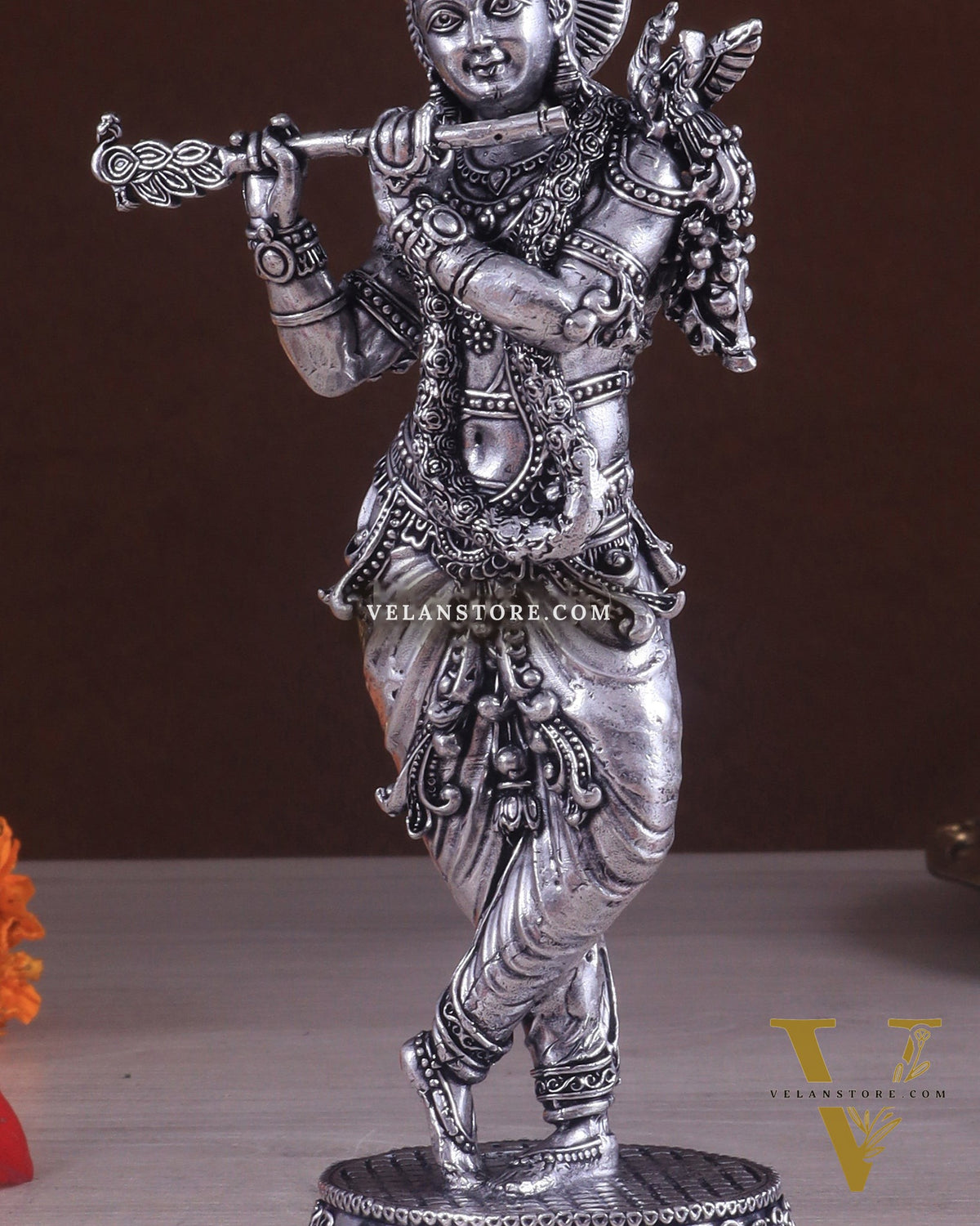 Superfine Brass Lord Krishna Intricate Idol 10" silver plated