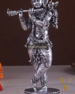 Superfine Brass Lord Krishna Intricate Idol 10" silver plated