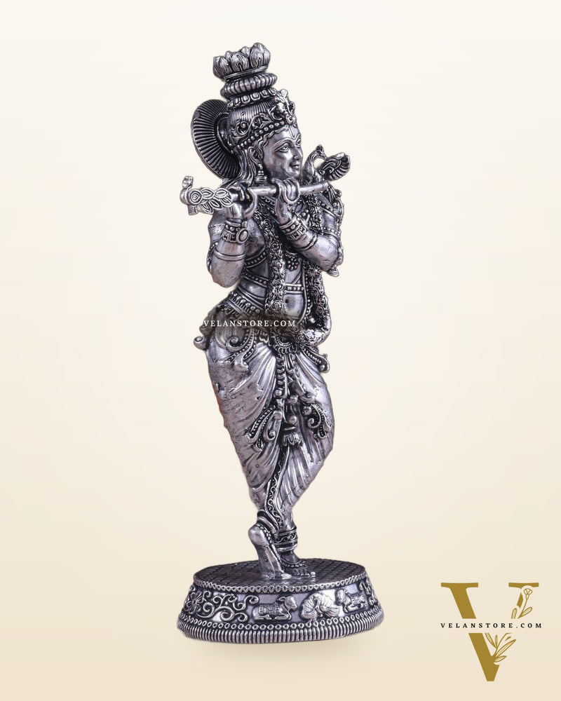 Superfine Brass Lord Krishna Intricate Idol 10" silver plated