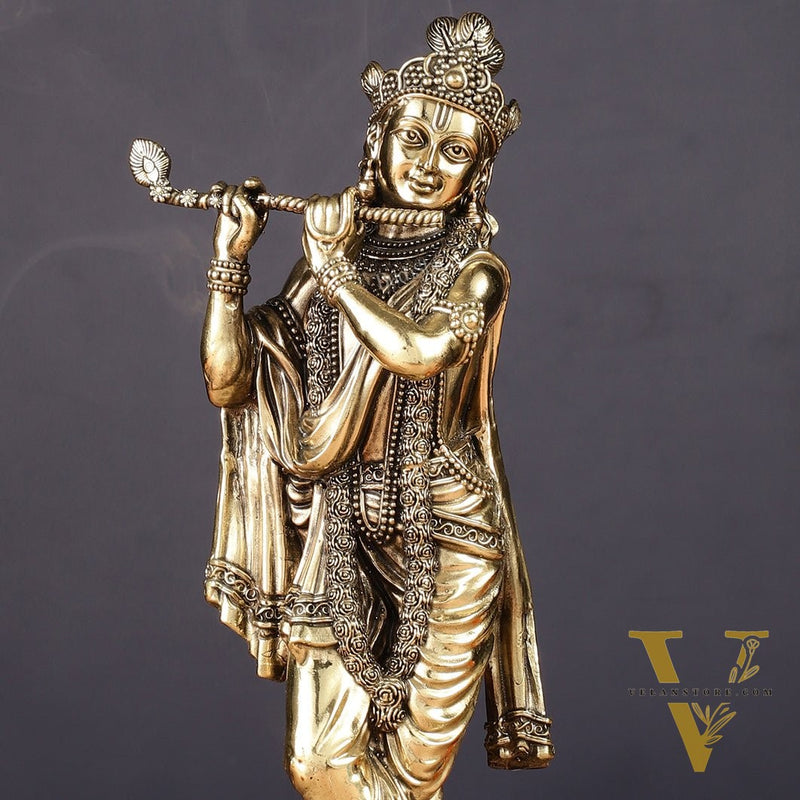 Superfine Brass Lord Krishna Intricate Idol 10"