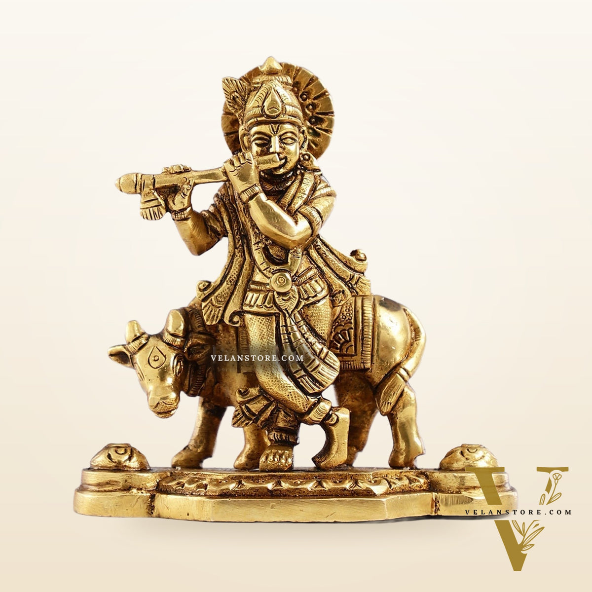 Superfine Brass Lord Krishna with Cow Idol - 4.25 inch