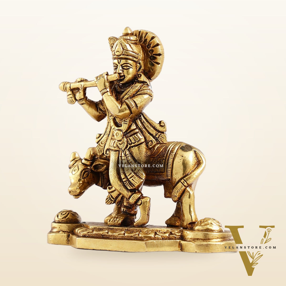 Superfine Brass Lord Krishna with Cow Idol - 4.25 inch