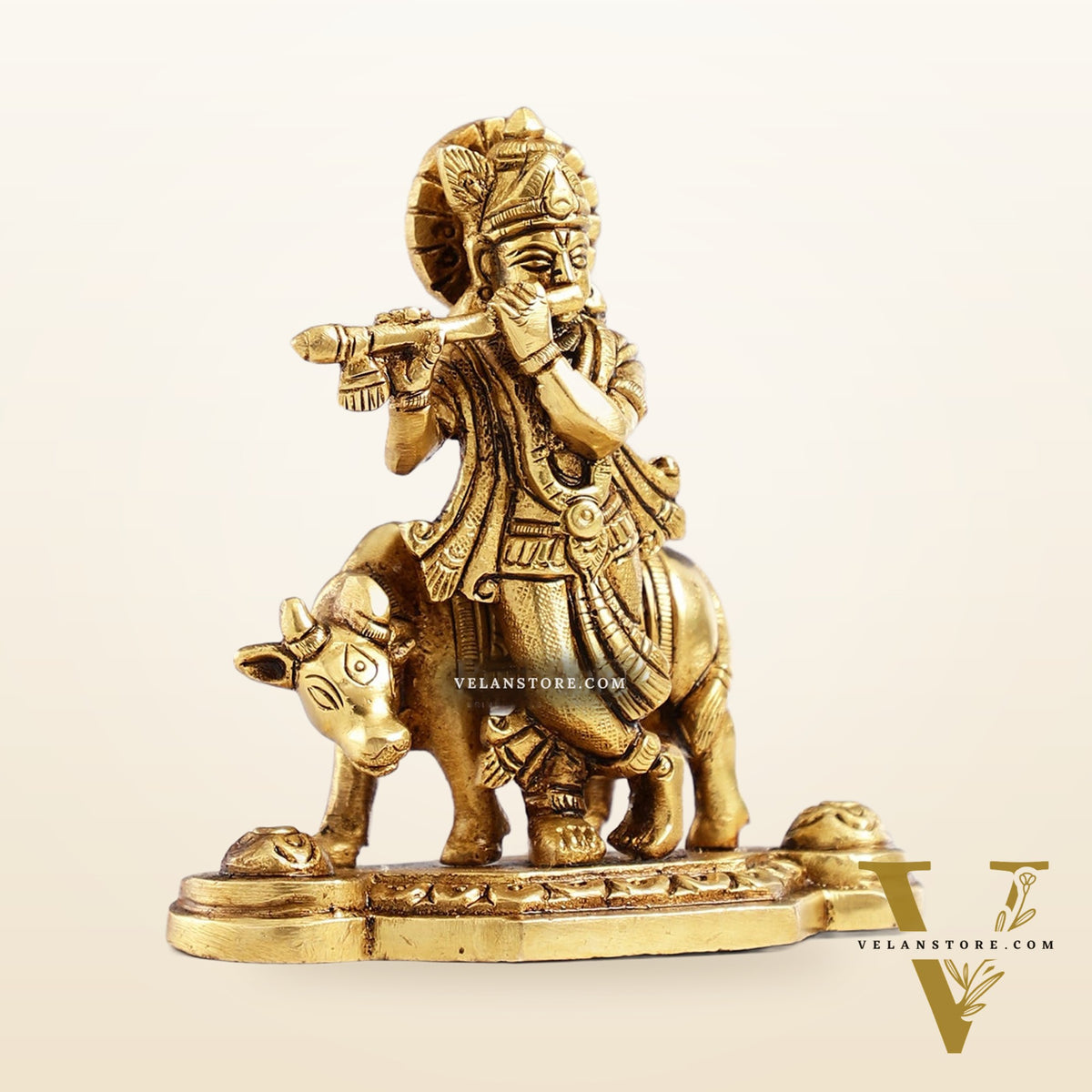 Superfine Brass Lord Krishna with Cow Idol - 4.25 inch