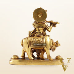 Superfine Brass Lord Krishna with Cow Idol - 4.25 inch