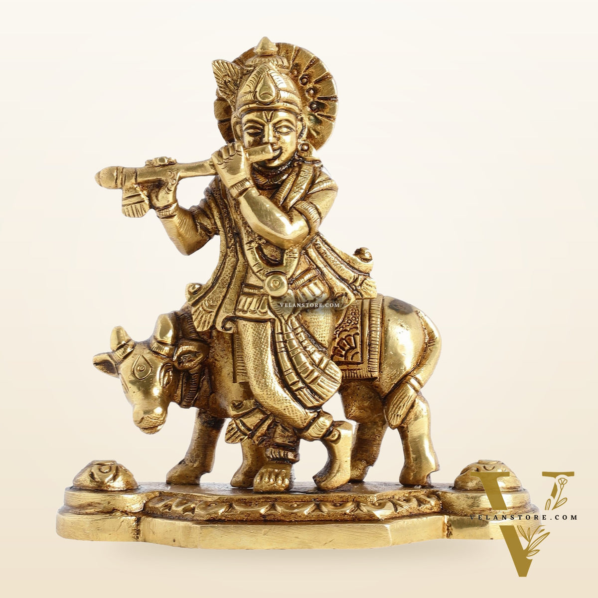 Superfine Brass Lord Krishna with Cow Idol - 4.25 inch