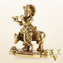 Superfine Brass Lord Krishna with Cow Idol - 4.25 inch