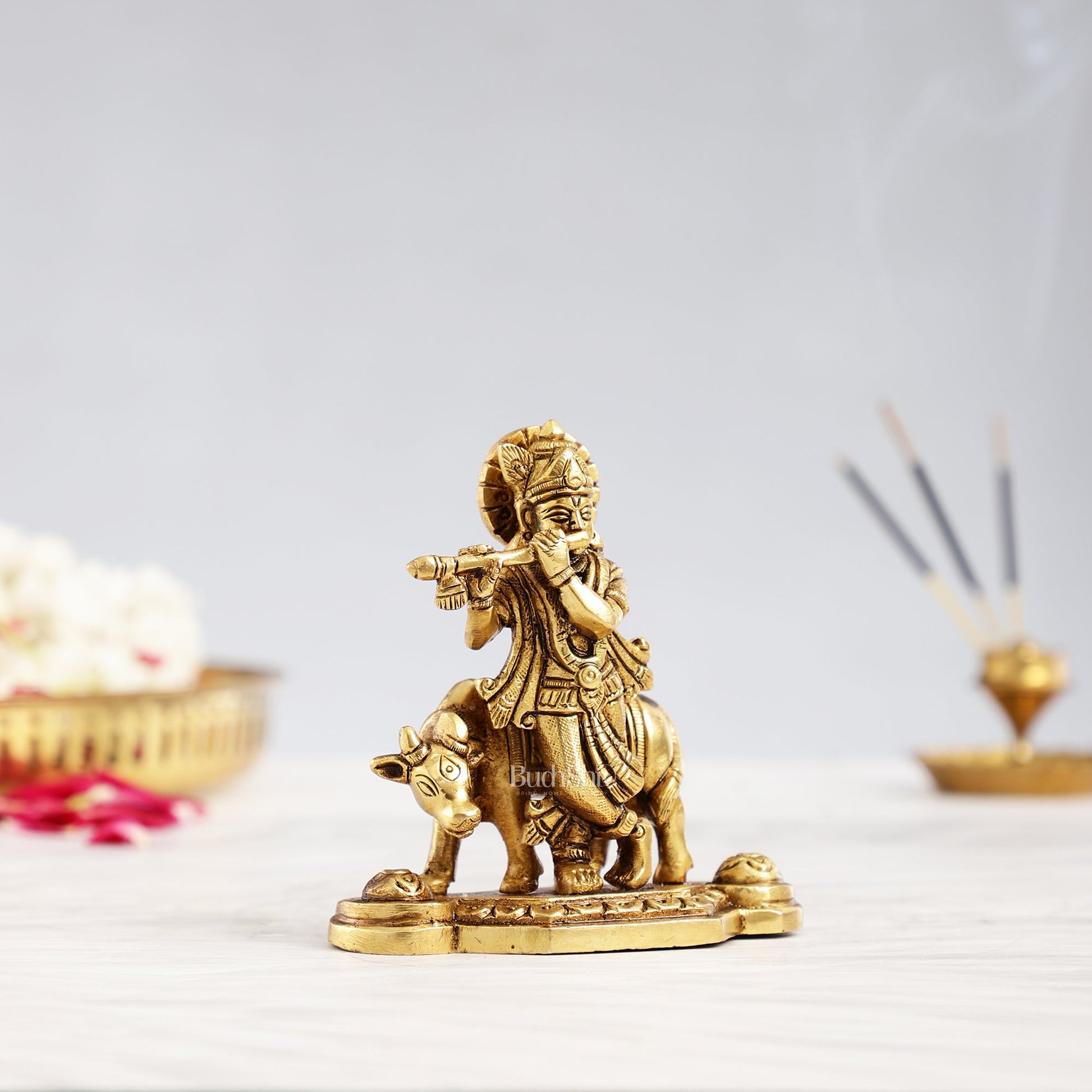 Superfine Brass Lord Krishna with Cow Idol - 4.25 inch