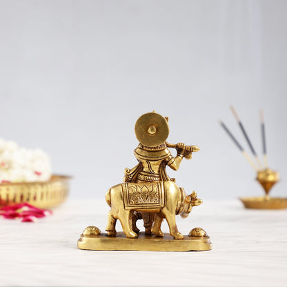 Superfine Brass Lord Krishna with Cow Idol - 4.25 inch