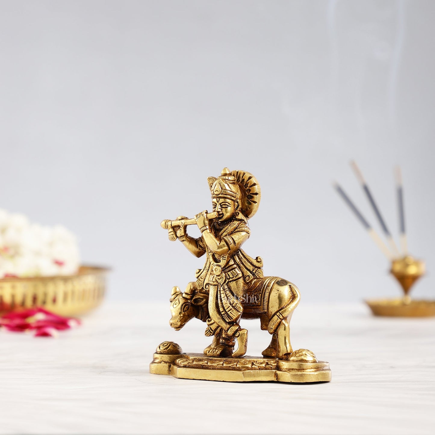 Superfine Brass Lord Krishna with Cow Idol - 4.25 inch