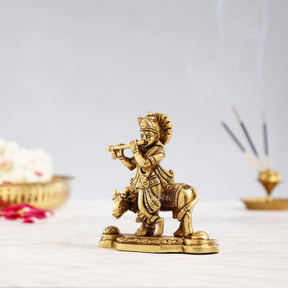 Superfine Brass Lord Krishna with Cow Idol - 4.25 inch