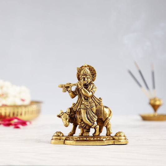 Superfine Brass Lord Krishna with Cow Idol - 4.25 inch