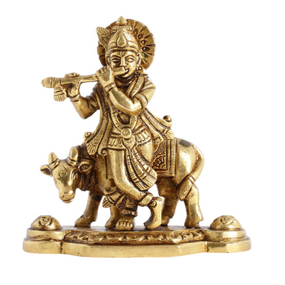 Superfine Brass Lord Krishna with Cow Idol - 4.25 inch
