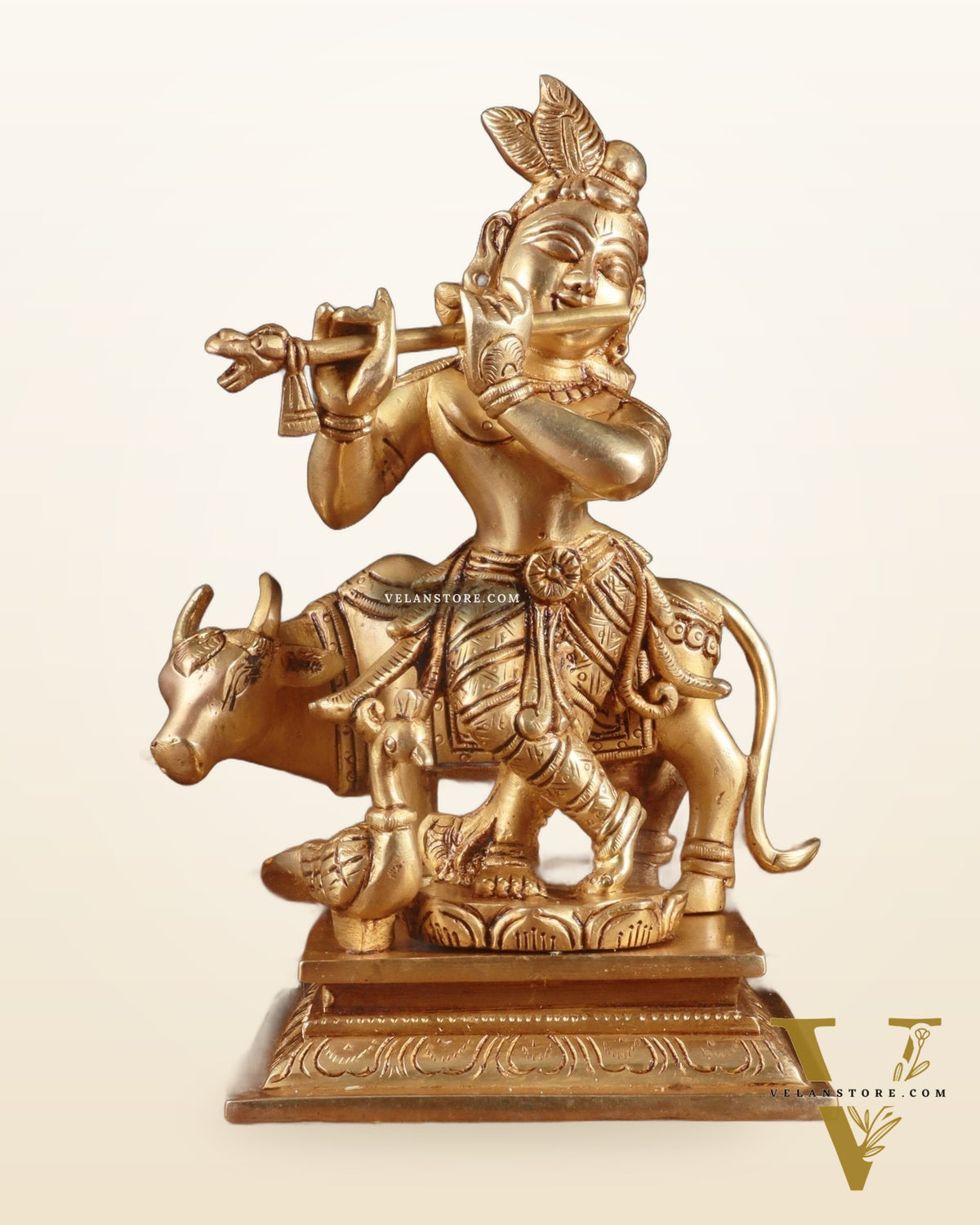Superfine Brass Lord Krishna with Cow Statue – 8.5 Inch