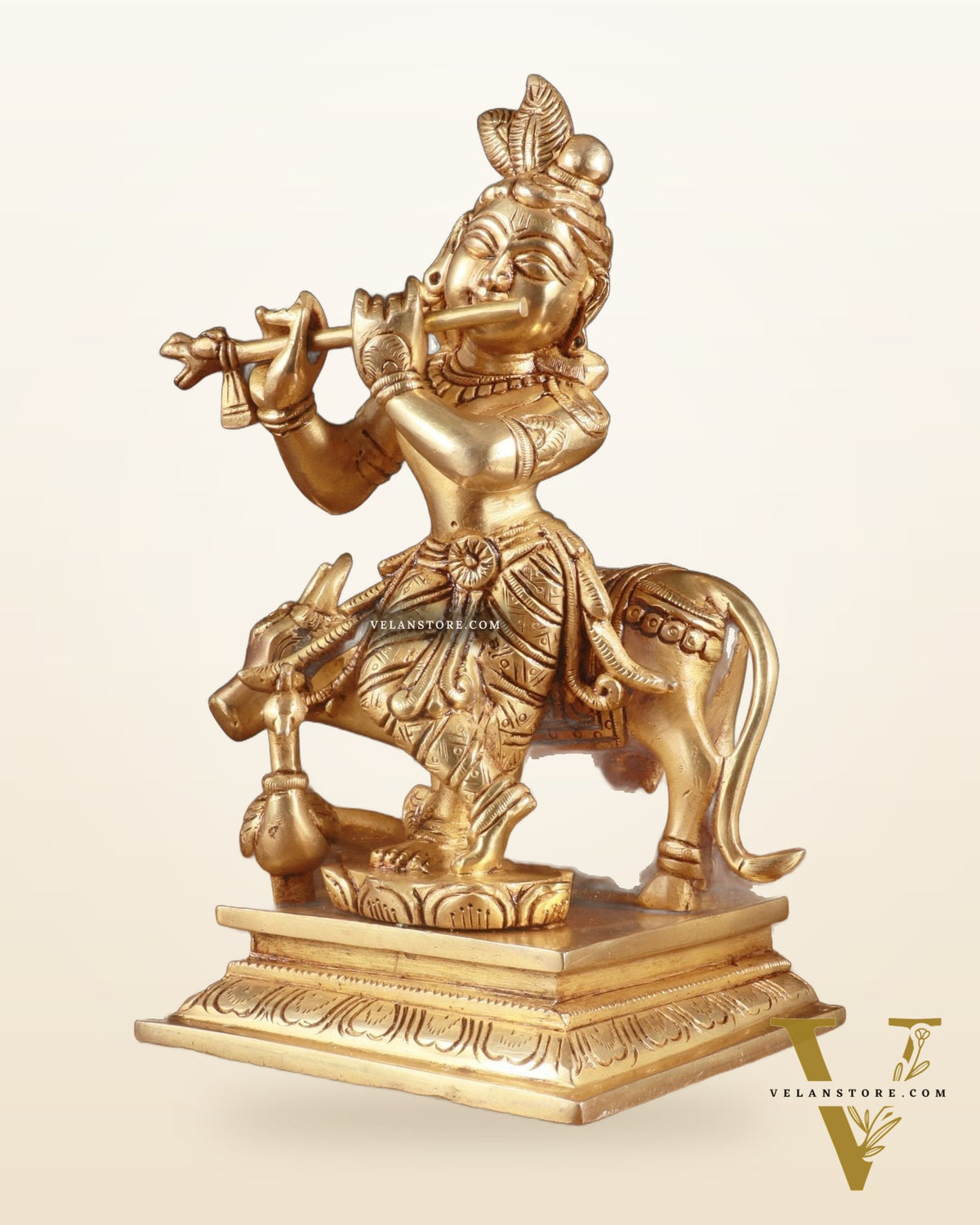 Superfine Brass Lord Krishna with Cow Statue – 8.5 Inch