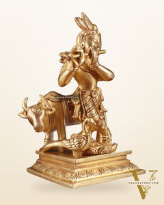 Superfine Brass Lord Krishna with Cow Statue – 8.5 Inch