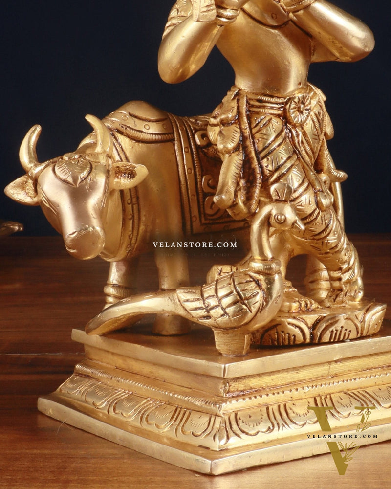 Superfine Brass Lord Krishna with Cow Statue – 8.5 Inch