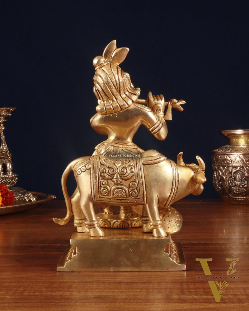 Superfine Brass Lord Krishna with Cow Statue – 8.5 Inch