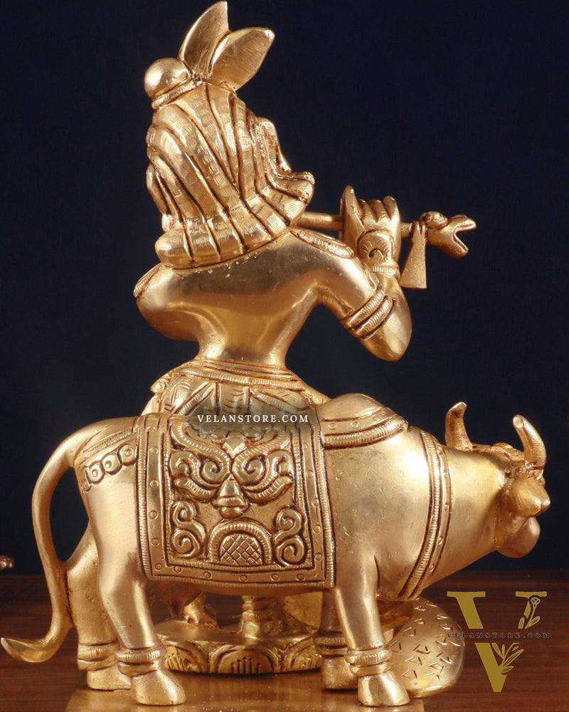 Superfine Brass Lord Krishna with Cow Statue – 8.5 Inch