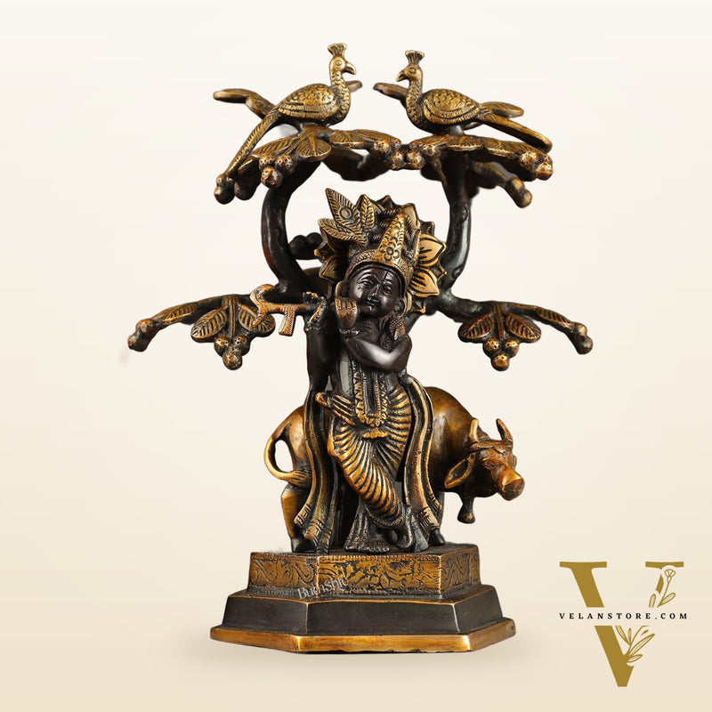 Superfine Brass Lord Krishna with Cow Under Kalpavriksha Tree Idol | Height 11 inch