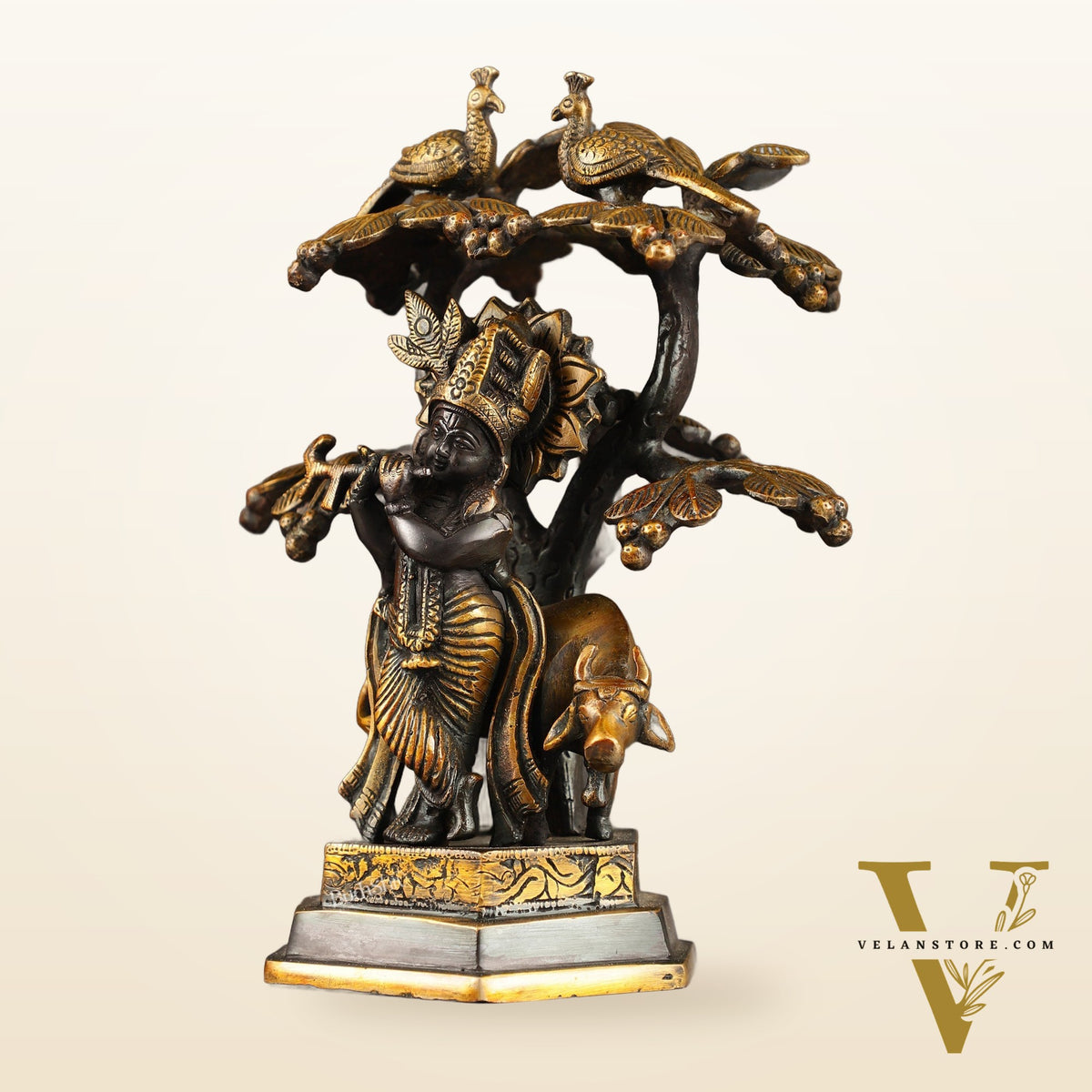 Superfine Brass Lord Krishna with Cow Under Kalpavriksha Tree Idol | Height 11 inch