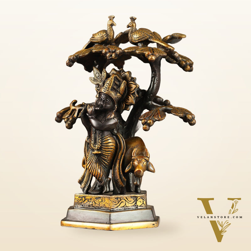 Superfine Brass Lord Krishna with Cow Under Kalpavriksha Tree Idol | Height 11 inch