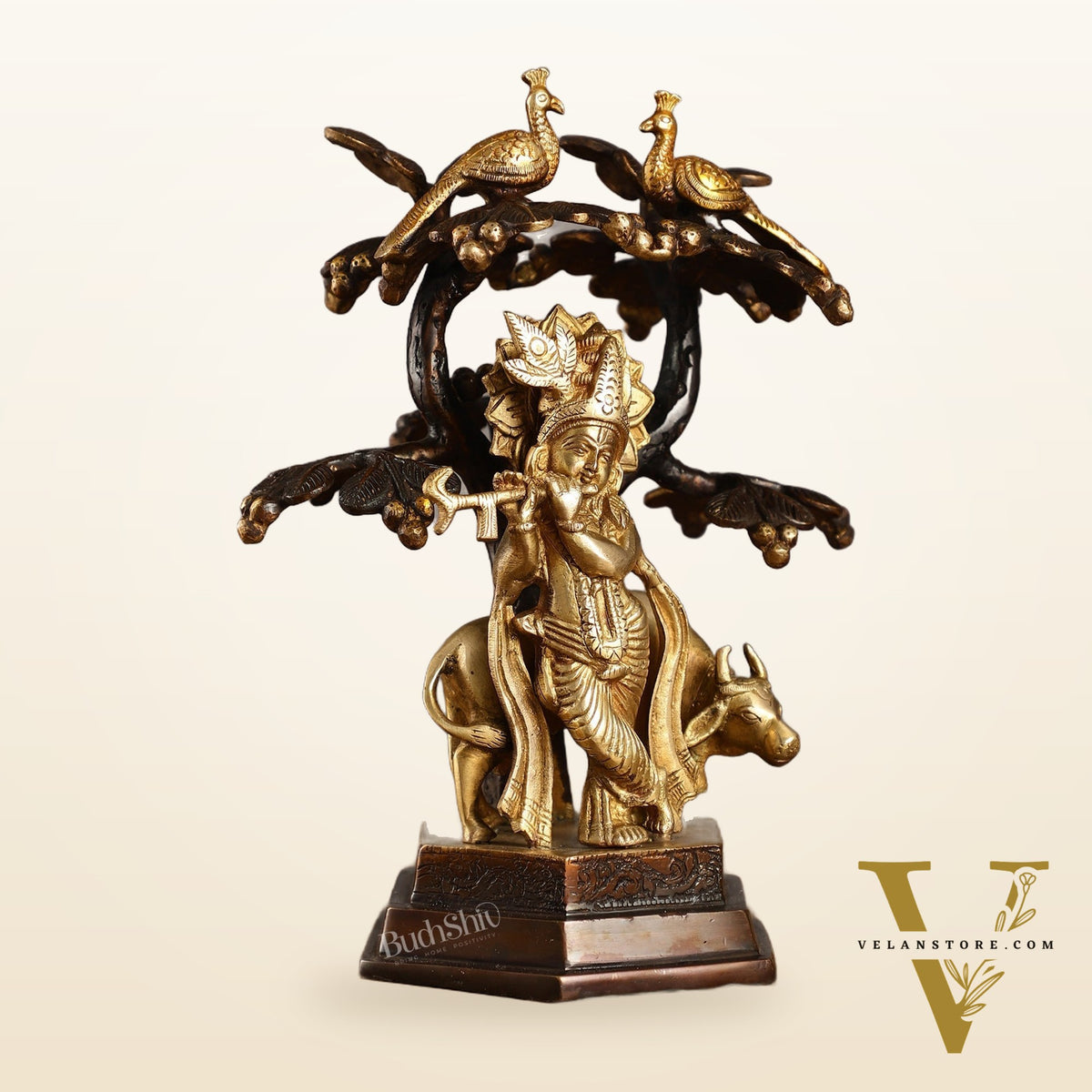 Superfine Brass Lord Krishna with Cow Under Kalpavriksha Tree Idol | Height 11 inch