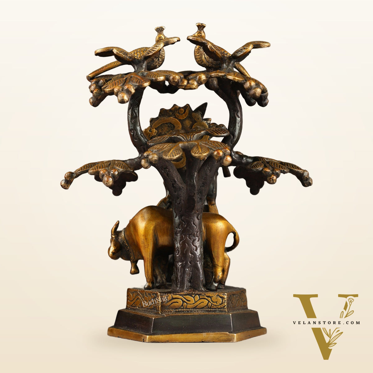 Superfine Brass Lord Krishna with Cow Under Kalpavriksha Tree Idol | Height 11 inch