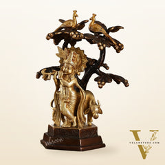 Superfine Brass Lord Krishna with Cow Under Kalpavriksha Tree Idol | Height 11 inch