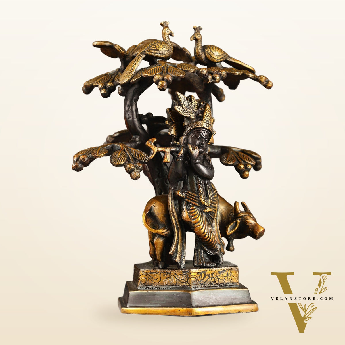 Superfine Brass Lord Krishna with Cow Under Kalpavriksha Tree Idol | Height 11 inch