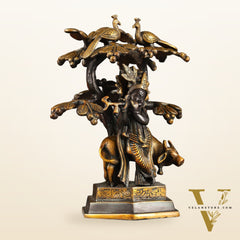 Superfine Brass Lord Krishna with Cow Under Kalpavriksha Tree Idol | Height 11 inch